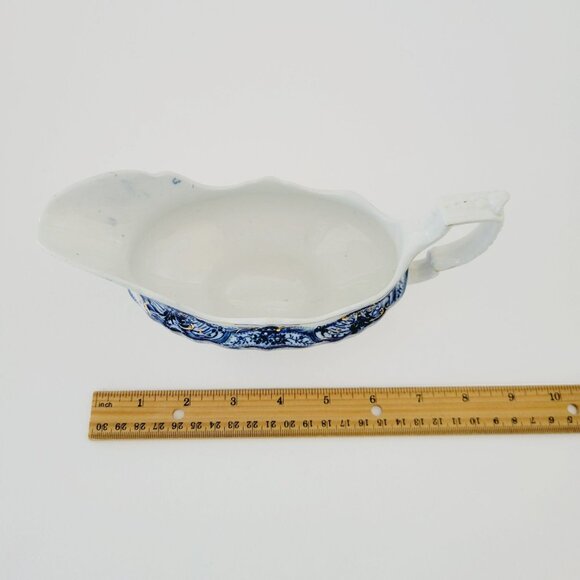 J&G Meakin York Flow Blue Gravy Boat, Embossed, Gold Accents, Floral Swags - Picture 9 of 13